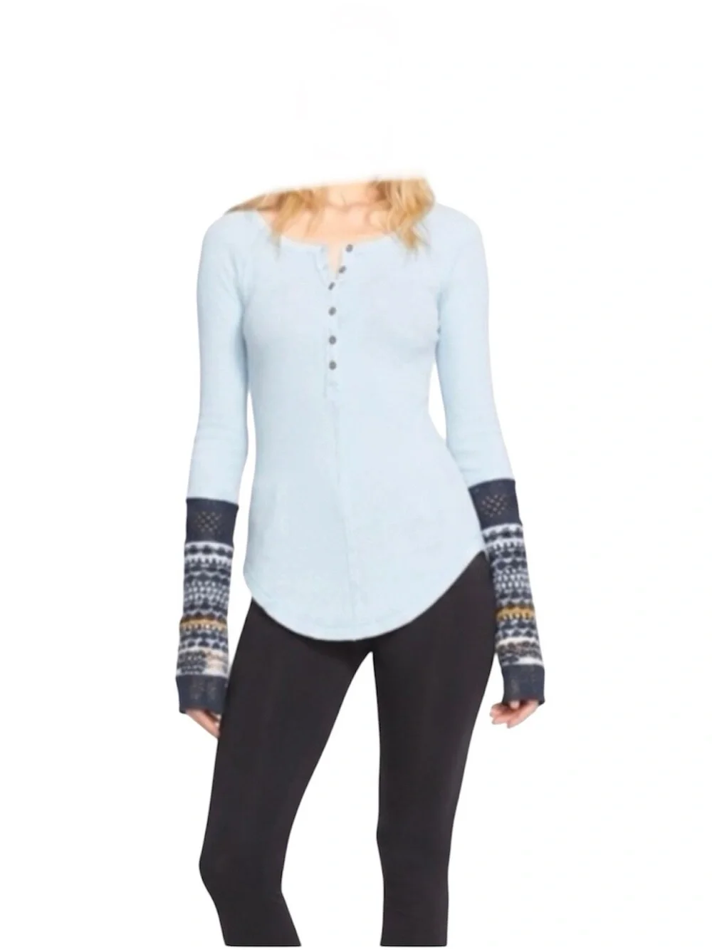 Y2K Free People Ski Lodge Cuff Thermal Henley Lake Blue Combo Size Medium Boho